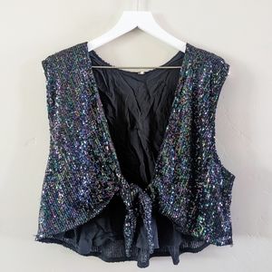 Free People Sequin Tie Front Vest Lost in Your Light Top Plunging Neckline